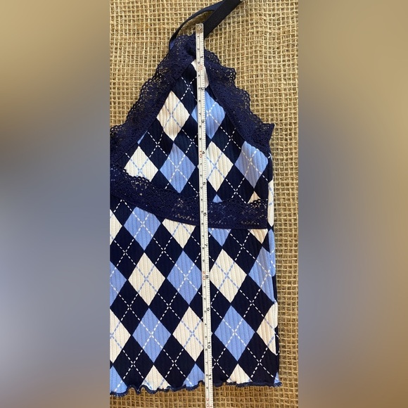 H&M Divided Blue Argyle Cropped Tank Top, Sz XS, Lace Trim, Adjustable Straps, - Picture 3 of 6